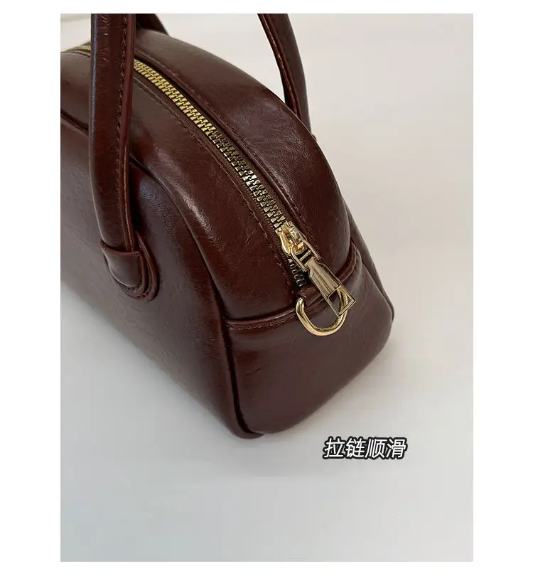 Women Handheld Bowling Bag Brown Leather Retro Design — feature 9