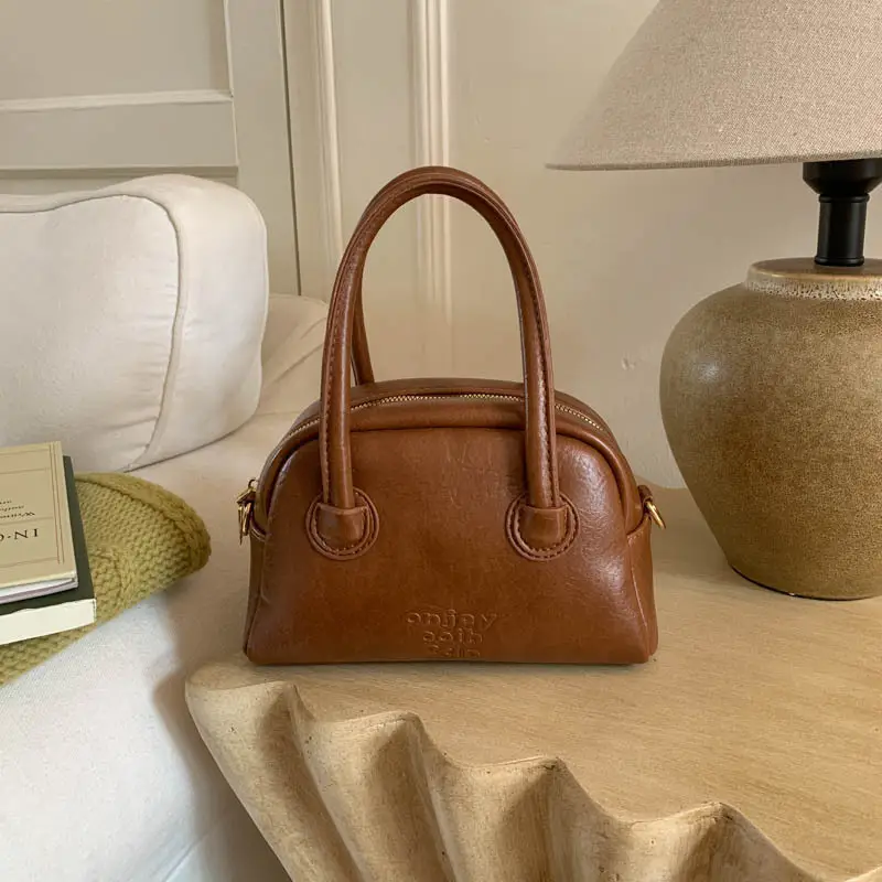 Women Handheld Bowling Bag Brown Leather Retro Design - Image 5