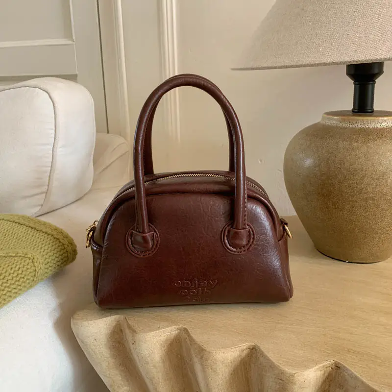 Women Handheld Bowling Bag Brown Leather Retro Design - Image 7