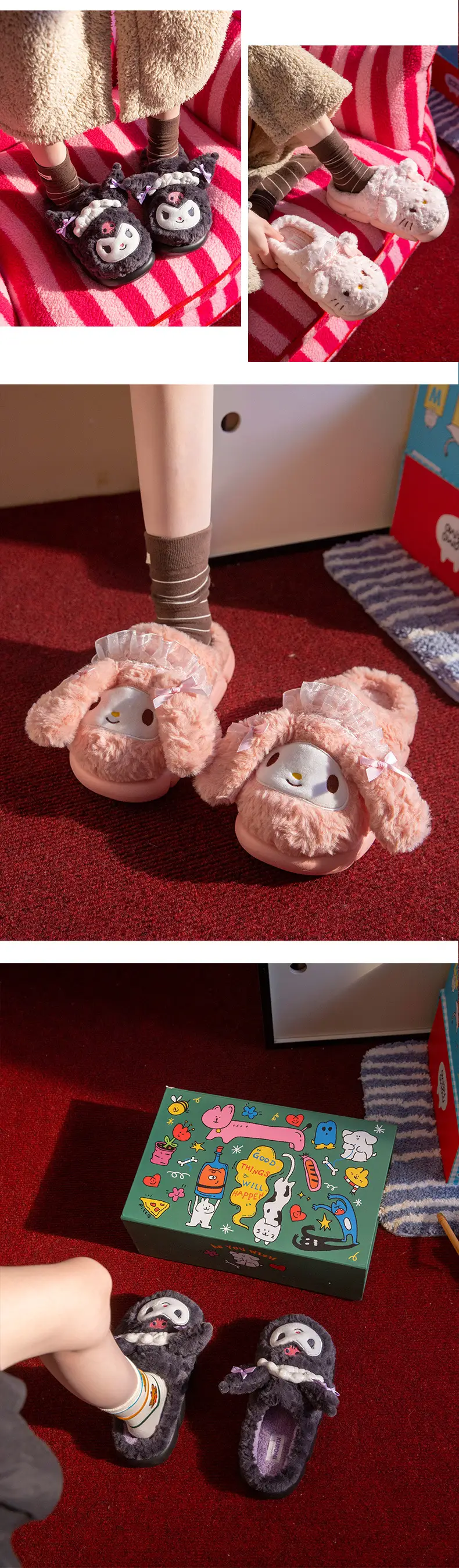 Sanrio Winter Cotton Slippers for Women Winter Home Indoor Thick-Soled Cotton Slippers Warm Wool Slippers Home Home Slippers — feature 7
