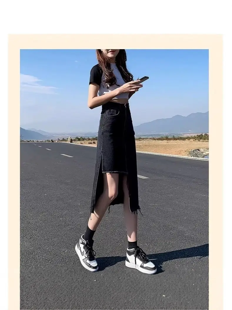 Denim Skirt Women Summer High Waist Pleated Dark Blue