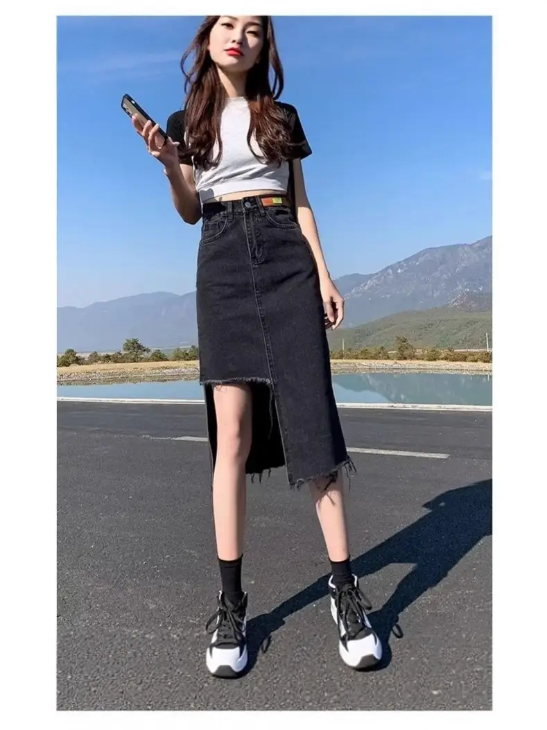Denim Skirt Women Summer High Waist Pleated Dark Blue