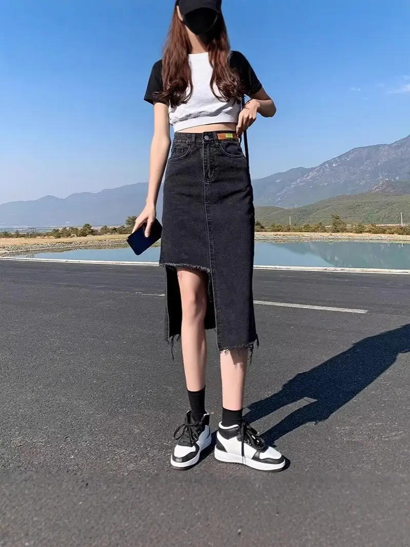 Denim Skirt Women Summer High Waist Pleated Dark Blue