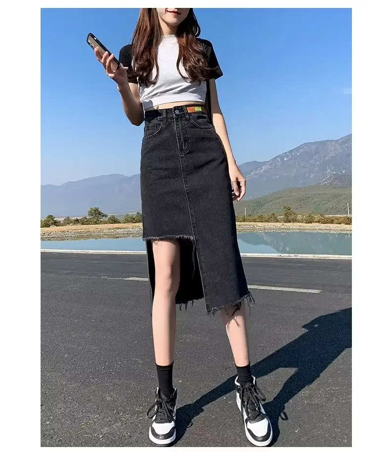 Denim Skirt Women Summer High Waist Pleated Dark Blue — feature 15