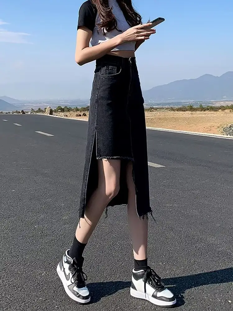 Denim Skirt Women Summer High Waist Pleated Dark Blue — feature 17