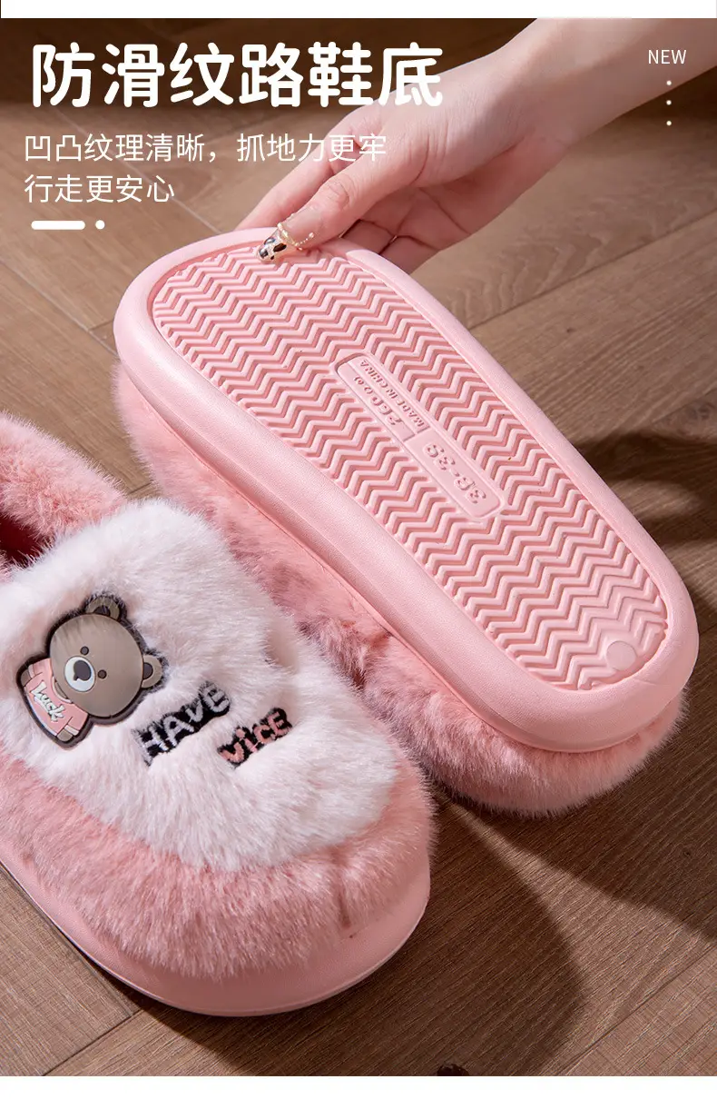 2025 Outer Wear Cotton Slippers for Women with Thick Soles for Home Use in Winter Indoor Warm Home Men's Furry Slippers — feature 4