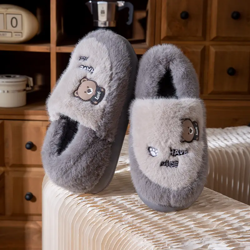 2025 Outer Wear Cotton Slippers for Women with Thick Soles for Home Use in Winter Indoor Warm Home Men's Furry Slippers - Image 2