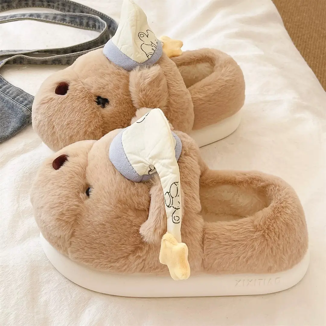 Cute Hat Bear Cotton Shoes for Women Winter Home Indoor Plush Warm Non-Slip Thick Sole Outer Wear Bag Heel Cotton Slippers - Image 2