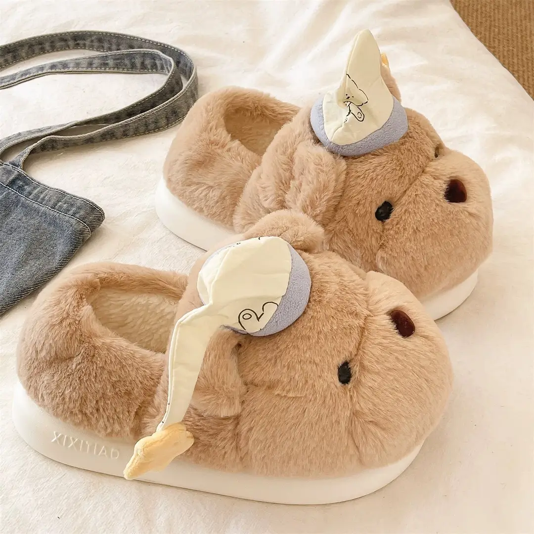 Cute Hat Bear Cotton Shoes for Women Winter Home Indoor Plush Warm Non-Slip Thick Sole Outer Wear Bag Heel Cotton Slippers - Image 3