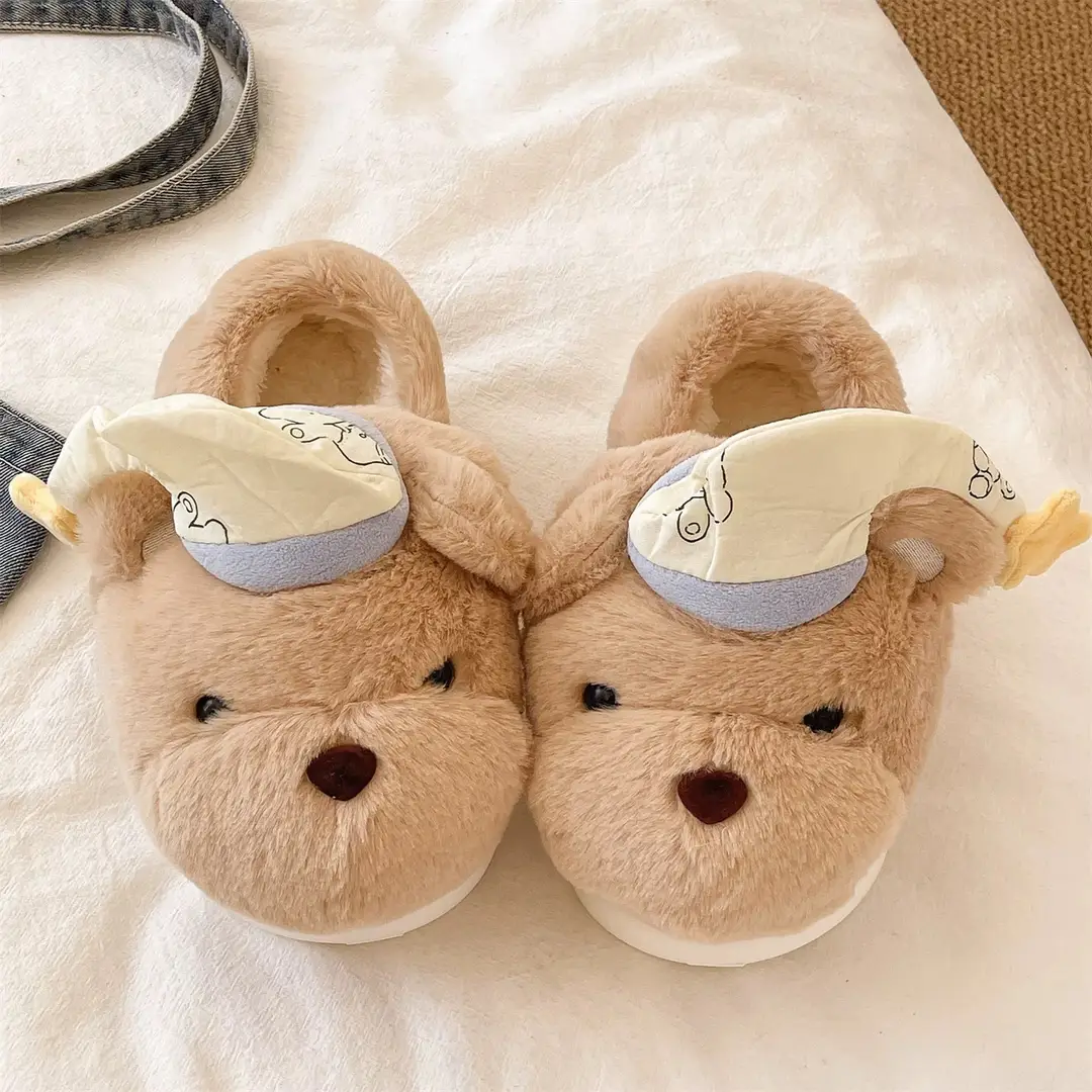 Cute Hat Bear Cotton Shoes for Women Winter Home Indoor Plush Warm Non-Slip Thick Sole Outer Wear Bag Heel Cotton Slippers - Image 4