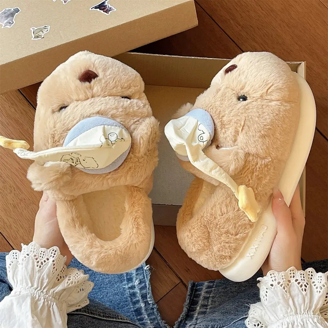 Cute Hat Bear Cotton Shoes for Women Winter Home Indoor Plush Warm Non-Slip Thick Sole Outer Wear Bag Heel Cotton Slippers - Image 5