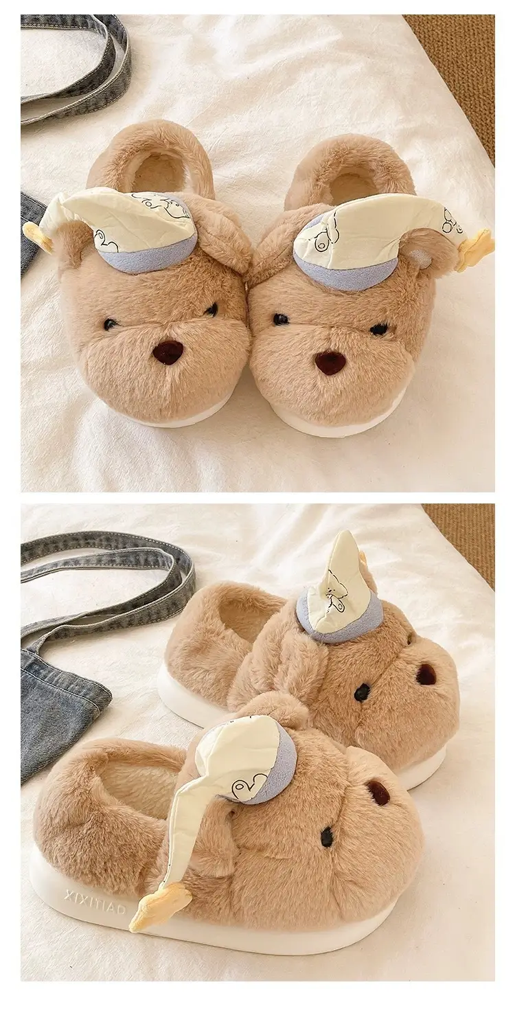 Cute Hat Bear Cotton Shoes for Women Winter Home Indoor Plush Warm Non-Slip Thick Sole Outer Wear Bag Heel Cotton Slippers — feature 4