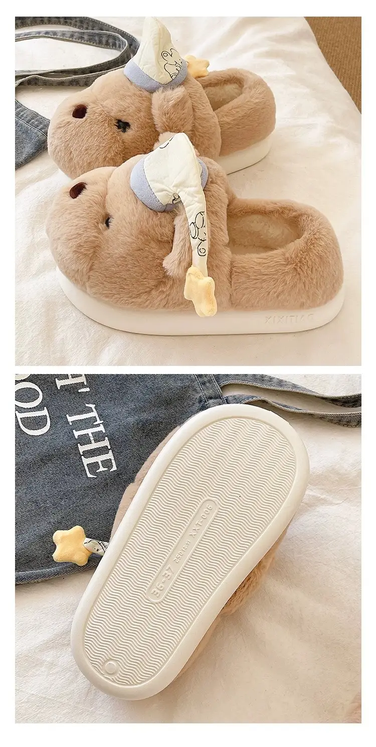 Cute Hat Bear Cotton Shoes for Women Winter Home Indoor Plush Warm Non-Slip Thick Sole Outer Wear Bag Heel Cotton Slippers — feature 5