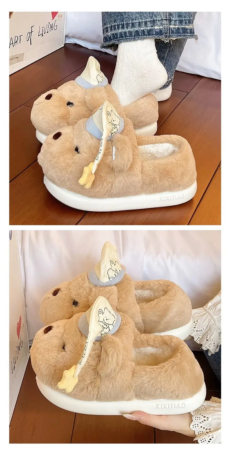 Cute Hat Bear Cotton Shoes for Women Winter Home Indoor Plush Warm Non-Slip Thick Sole Outer Wear Bag Heel Cotton Slippers — feature 6