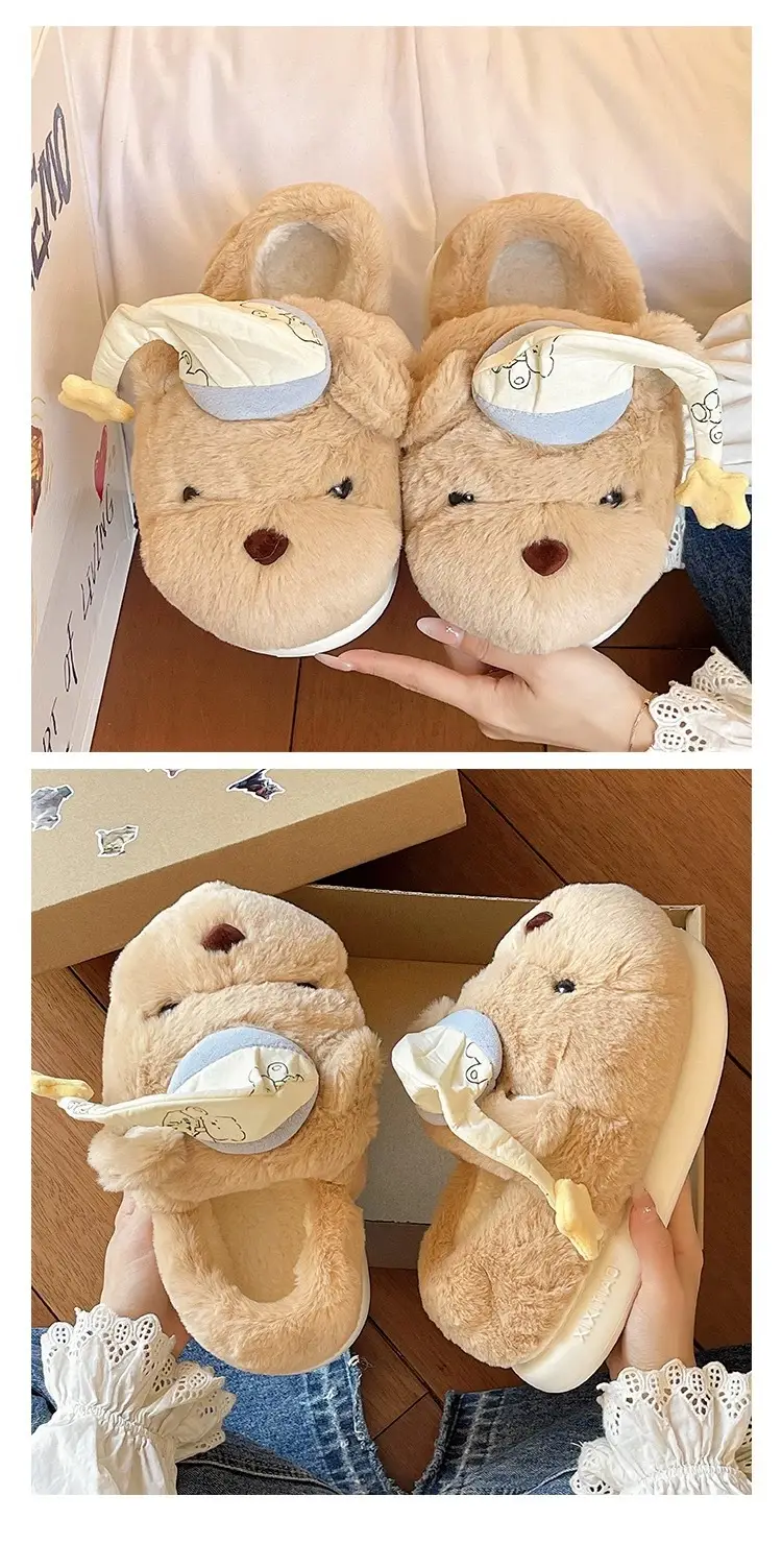Cute Hat Bear Cotton Shoes for Women Winter Home Indoor Plush Warm Non-Slip Thick Sole Outer Wear Bag Heel Cotton Slippers — feature 7