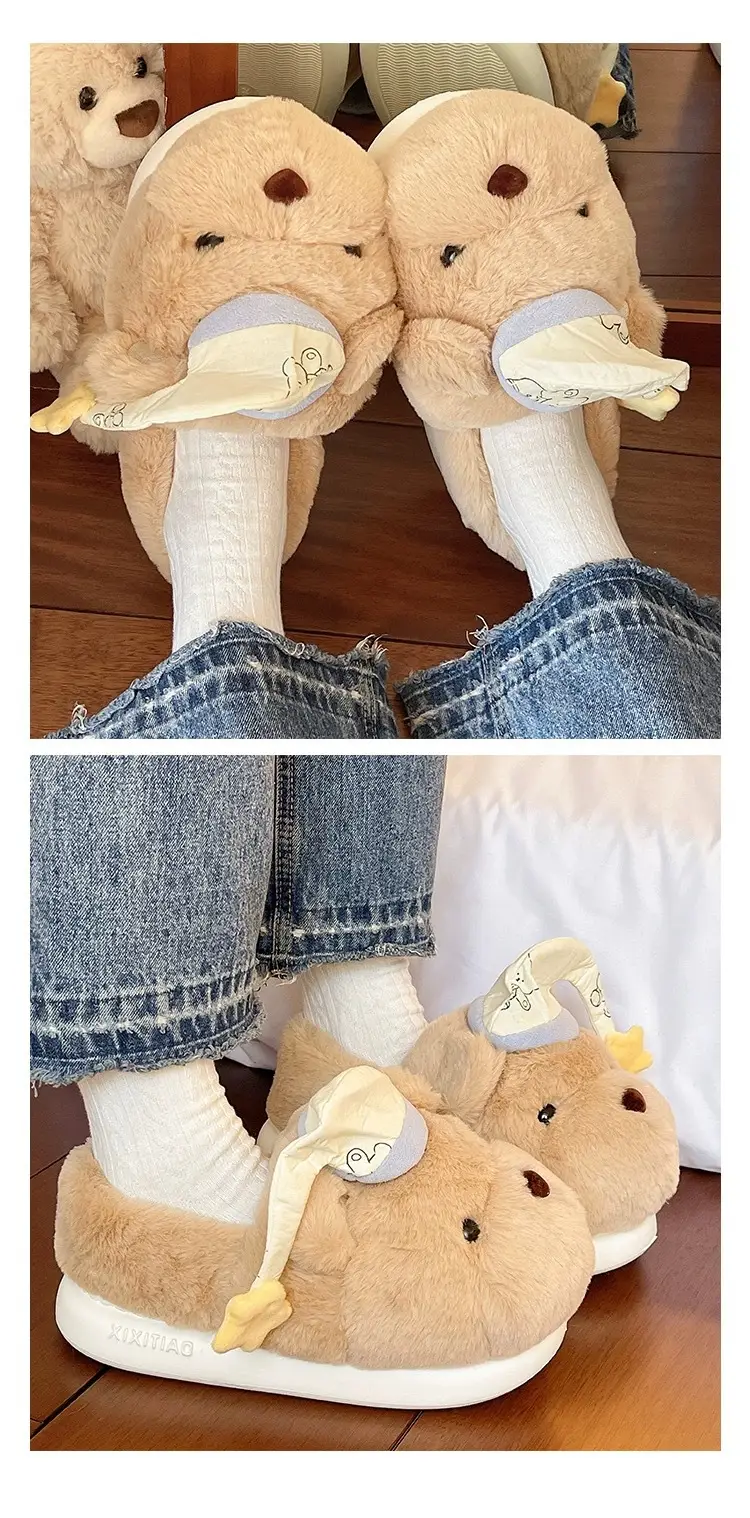 Cute Hat Bear Cotton Shoes for Women Winter Home Indoor Plush Warm Non-Slip Thick Sole Outer Wear Bag Heel Cotton Slippers — feature 8