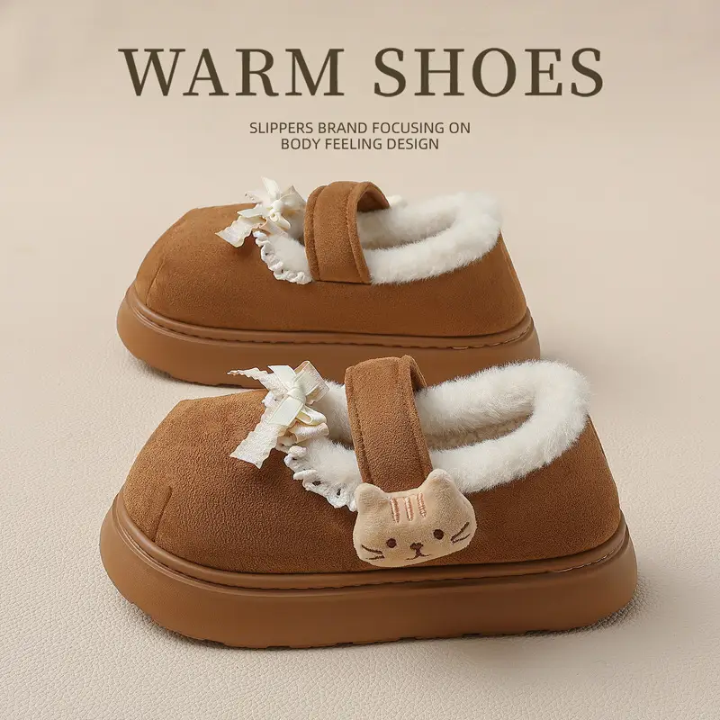 Thick-Soled Cotton Slippers for Women in Winter, Cute Bow-Knot, Large Toe, Plush, Warm, Non-Slip, Closed-Back Cotton Shoes, Winter Wholesale - Image 6