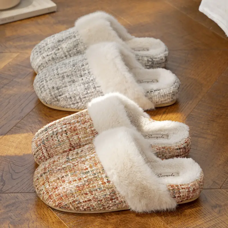 New Thick-Soled Height-Increasing Small Fragrance Slippers for Women in Autumn and Winter Indoor Home Fleece-Lined Warm Anti-Slip Wool Mouth Cotton Slippers - Image 4