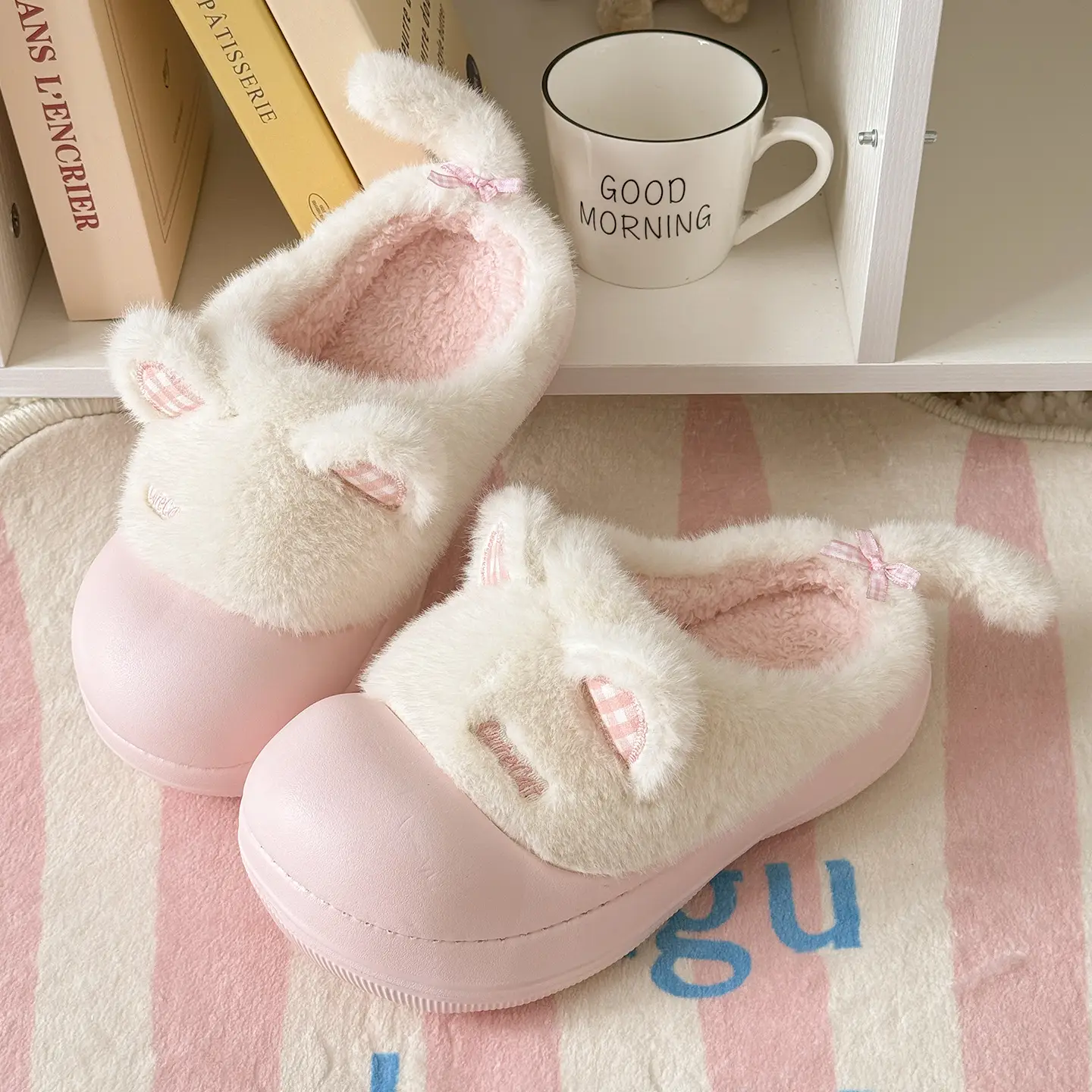 Pink Cartoon Slippers for Women Winter Warm Fleece Lined