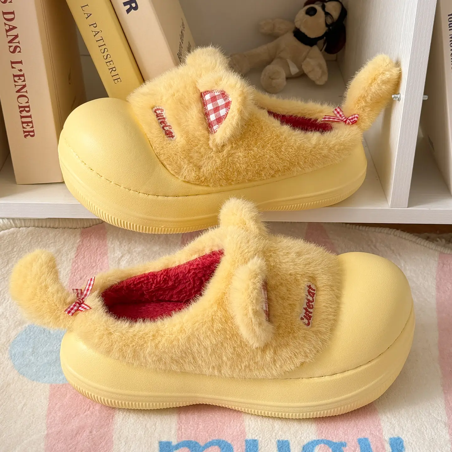 Pink Cartoon Slippers for Women Winter Warm Fleece Lined