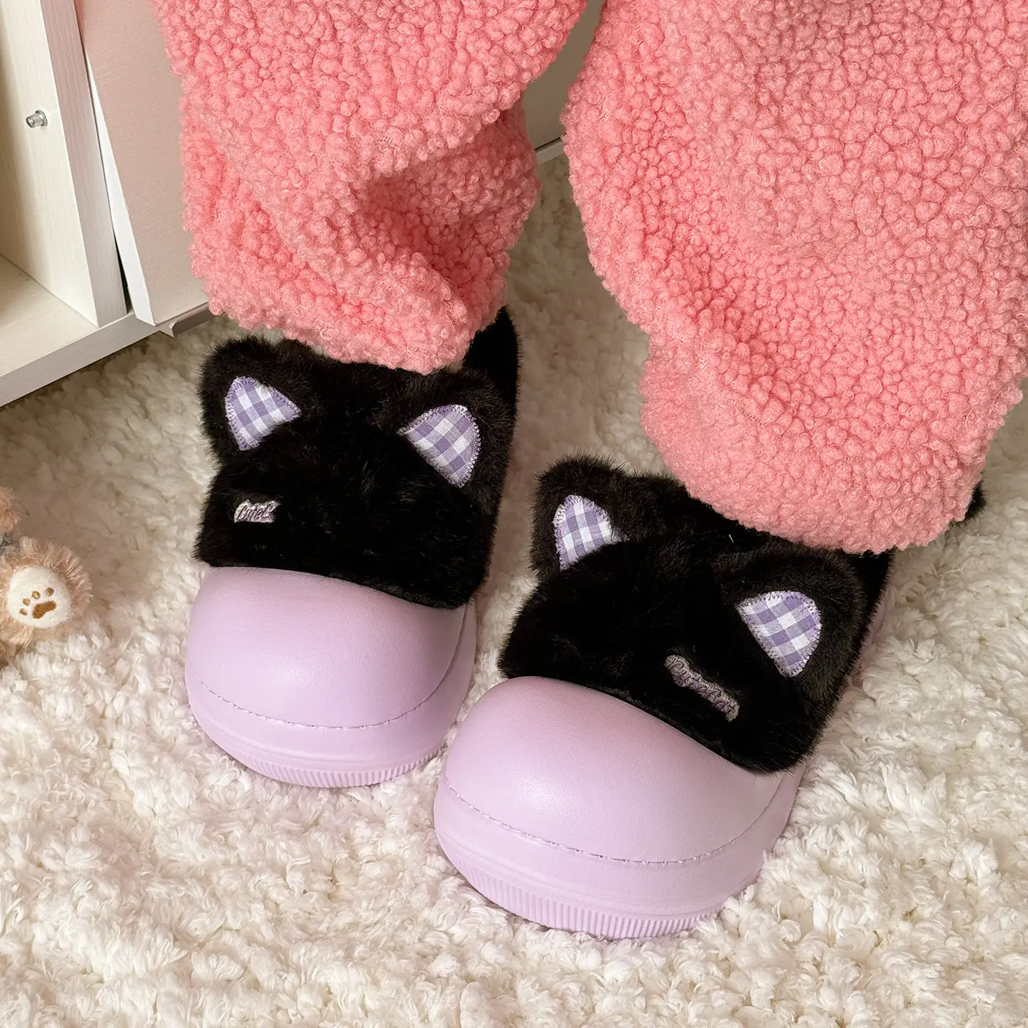 Pink Cartoon Slippers for Women Winter Warm Fleece Lined