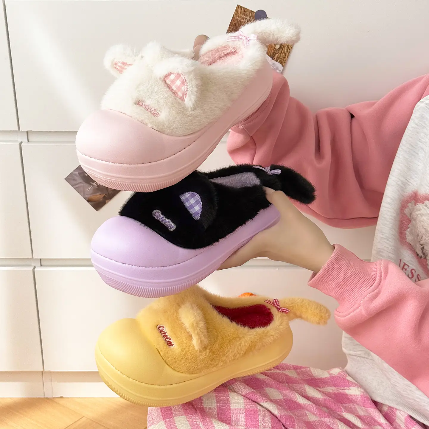 Pink Cartoon Slippers for Women Winter Warm Fleece Lined