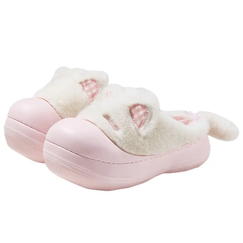 Pink Cartoon Slippers for Women Winter Warm Fleece Lined