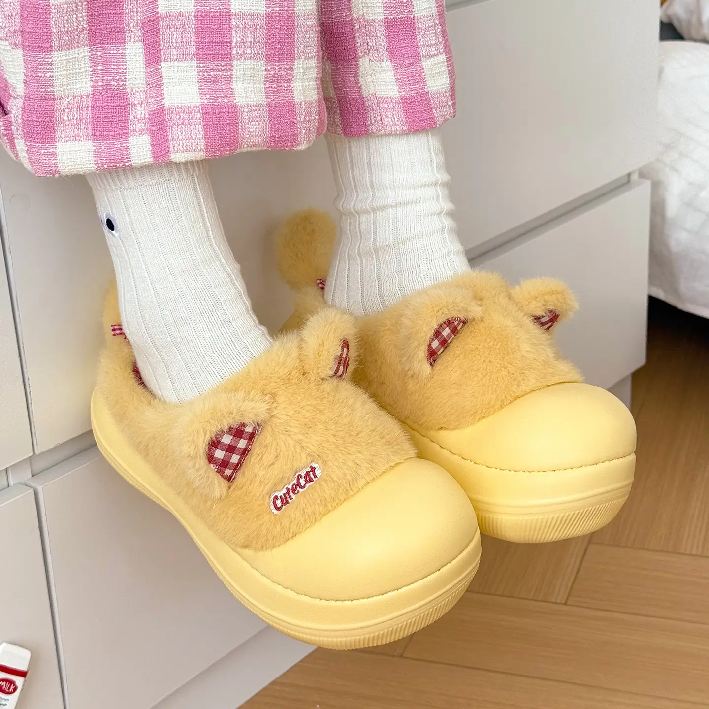 Pink Cartoon Slippers for Women Winter Warm Fleece Lined