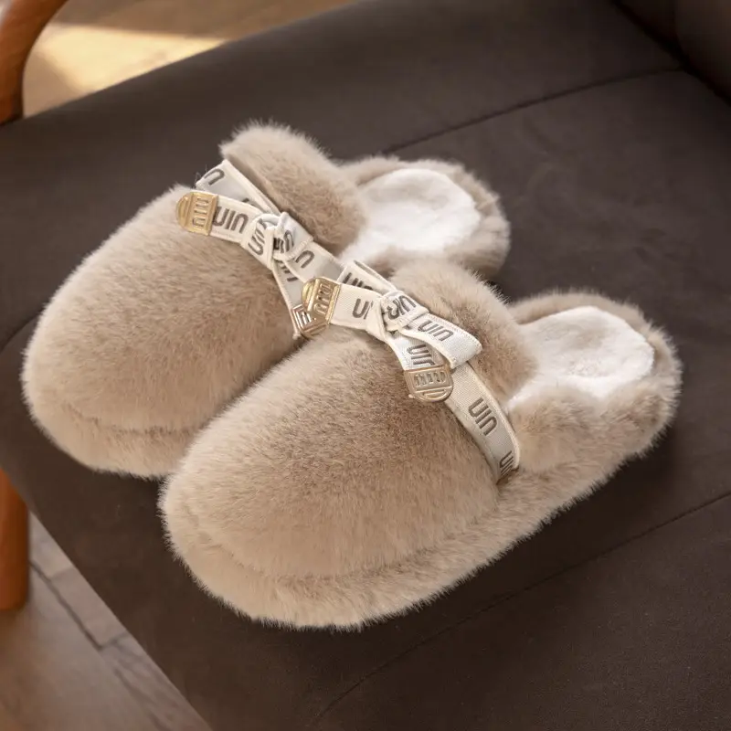 Women's Fleece Lined Rabbit Fur Slippers Winter Warm Anti-Slip - Image 5