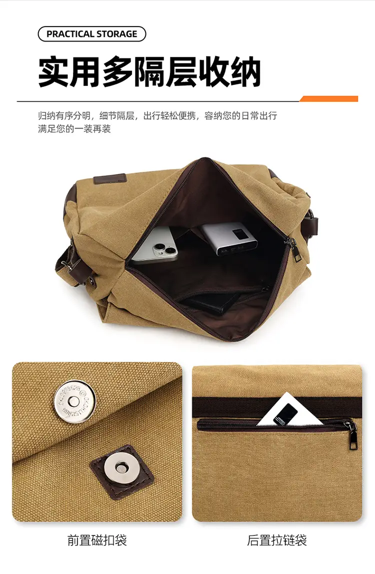 Men's Black Canvas Shoulder Bag Retro Messenger Luggage — feature 5