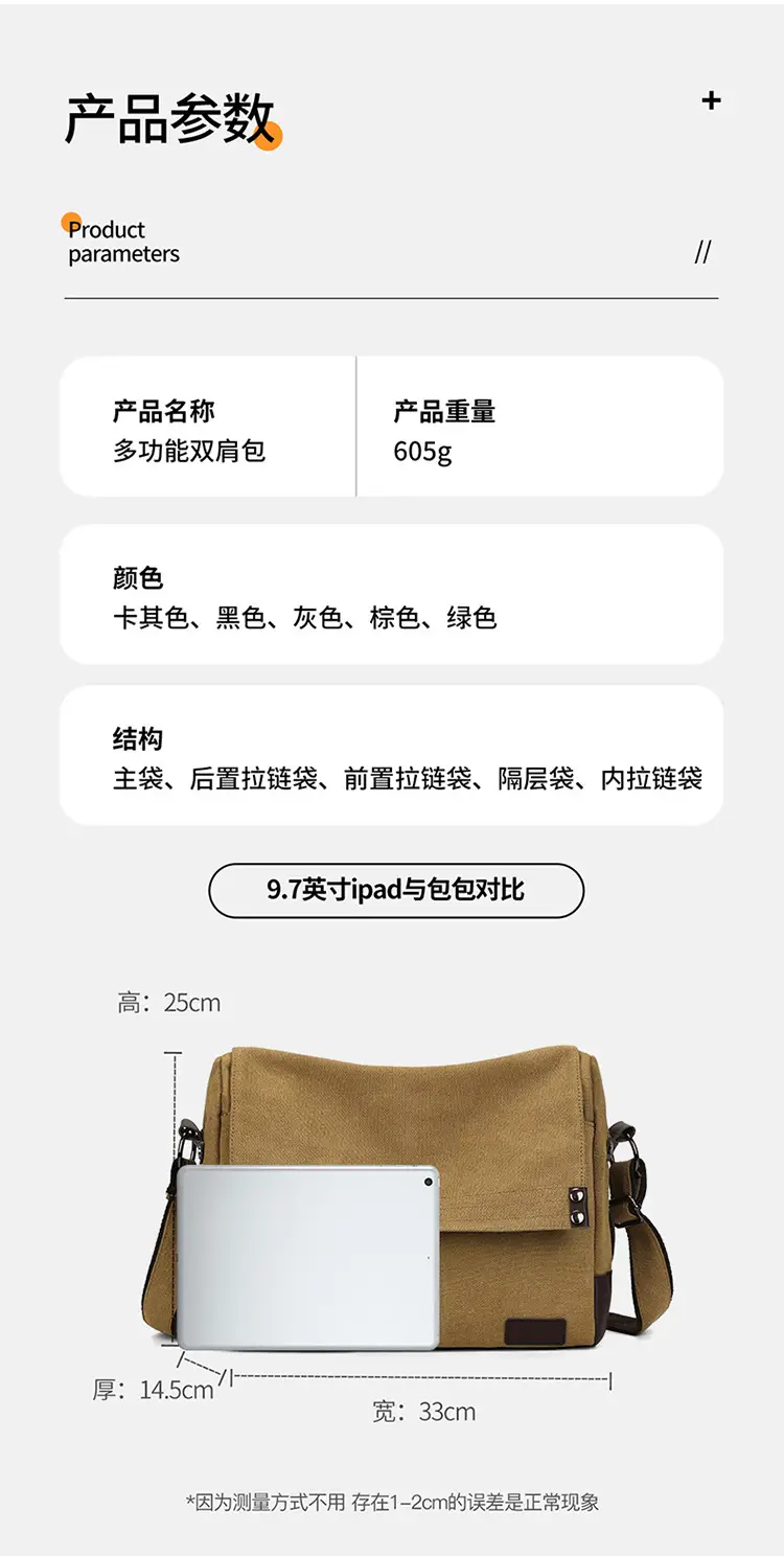 Men's Black Canvas Shoulder Bag Retro Messenger Luggage — feature 9