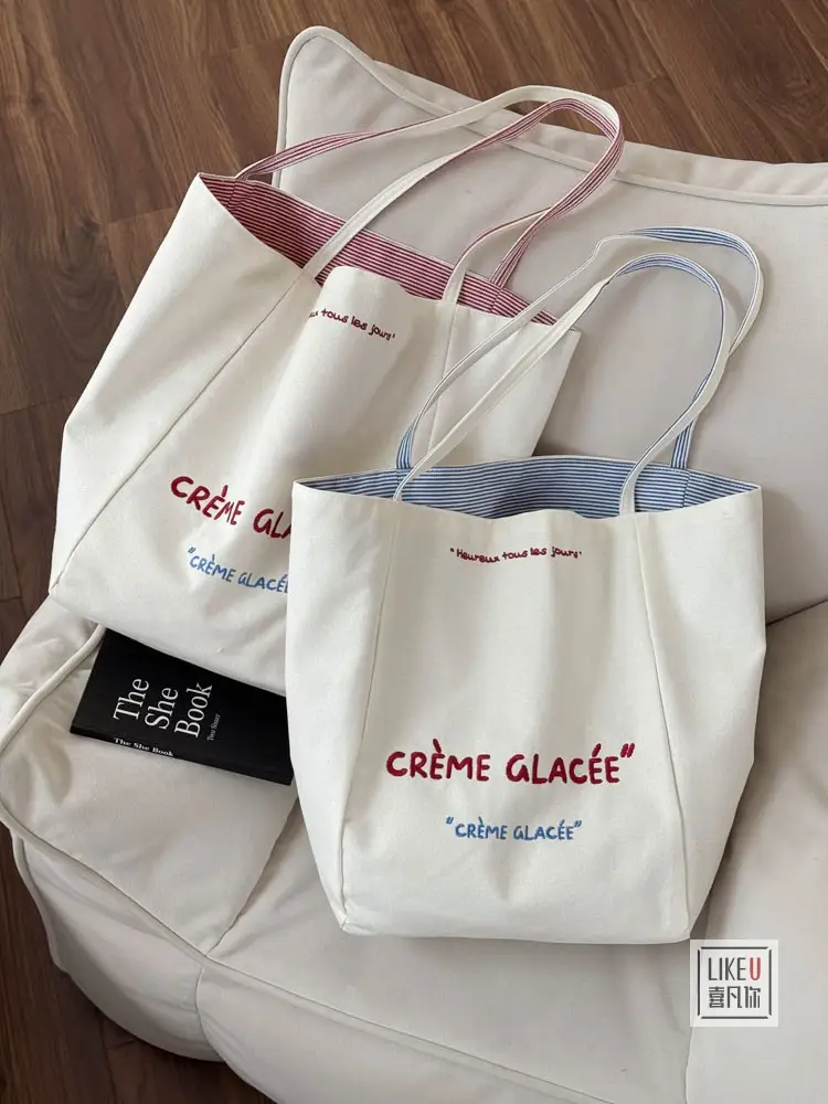 Crème Glace Embroidered Canvas Tote Bag Large Capacity — feature 1