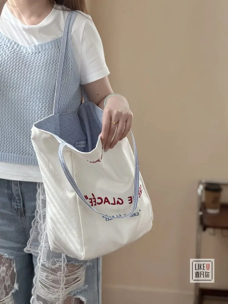 Crème Glace Embroidered Canvas Tote Bag Large Capacity — feature 12