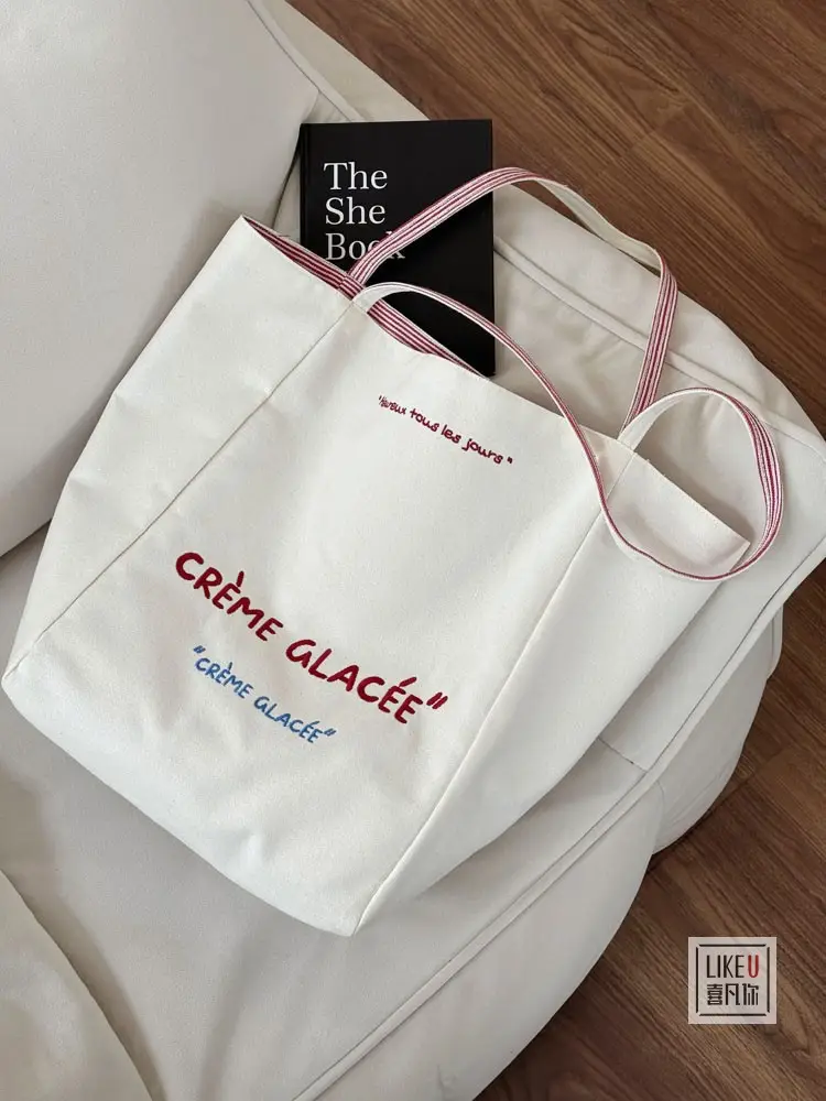 Crème Glace Embroidered Canvas Tote Bag Large Capacity — feature 21