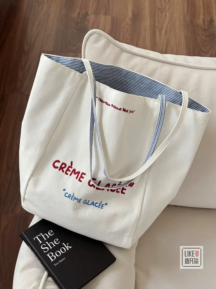 Crème Glace Embroidered Canvas Tote Bag Large Capacity — feature 23