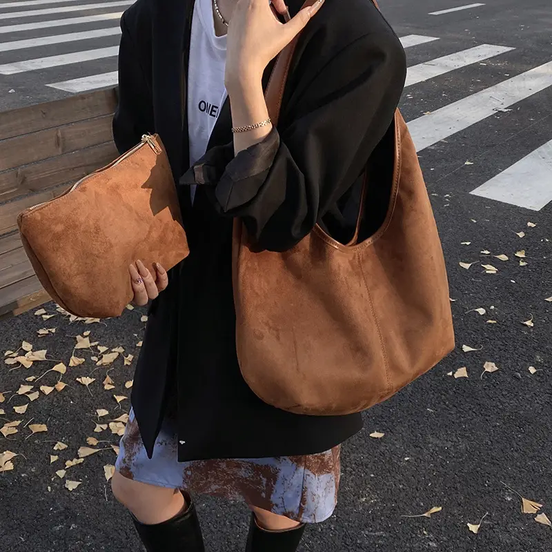 Women's Large Capacity Suede Tote Bag with Logo Print