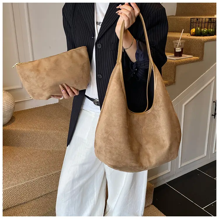 Women's Large Capacity Suede Tote Bag with Logo Print — feature 12