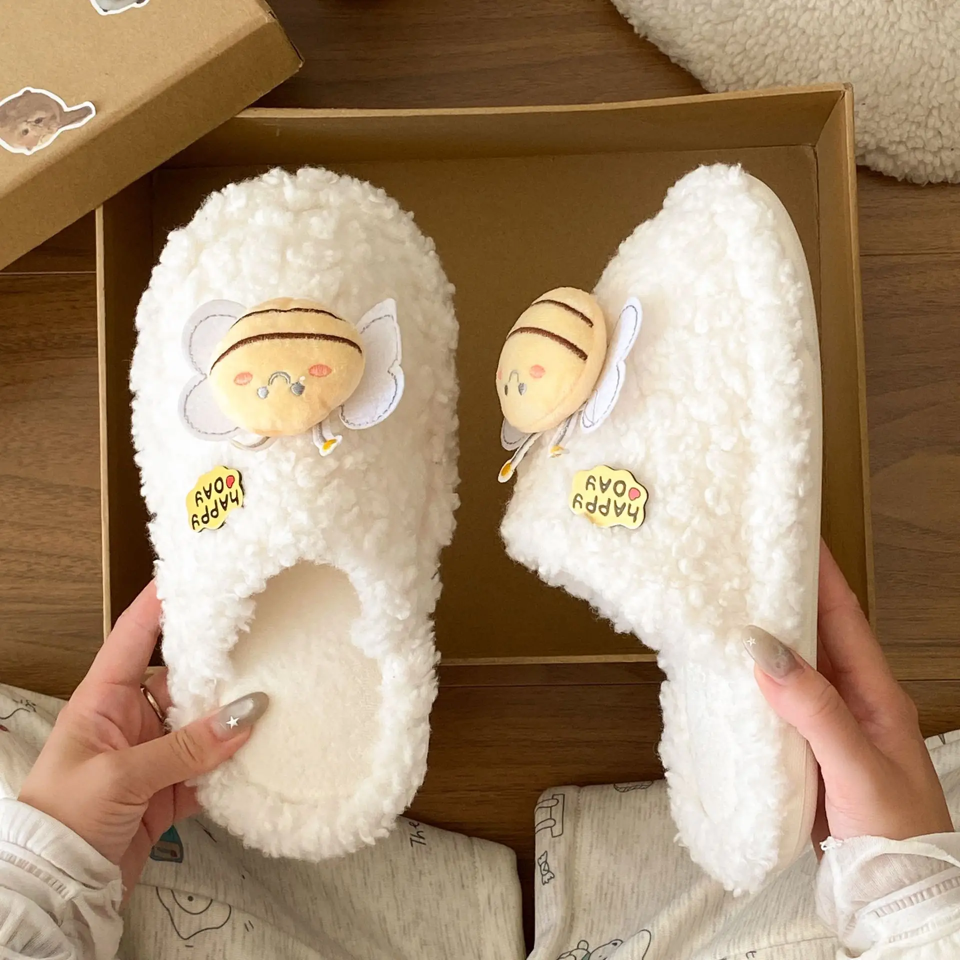 Winter Women's Furry Bee Slippers Soft Cotton Warm - Image 37