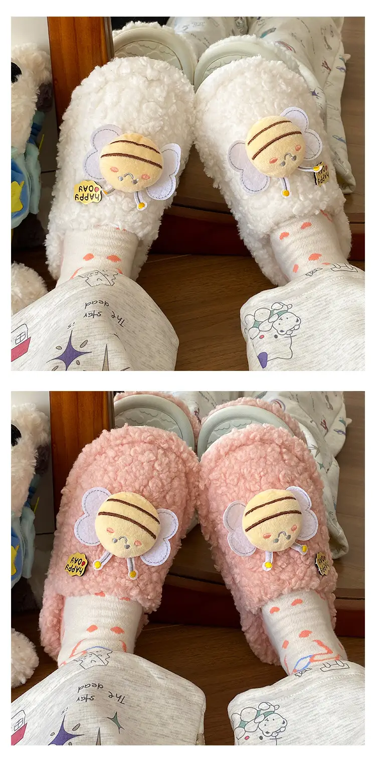 Winter Women's Furry Bee Slippers Soft Cotton Warm — feature 12