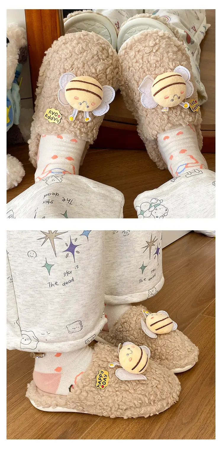 Winter Women's Furry Bee Slippers Soft Cotton Warm — feature 13
