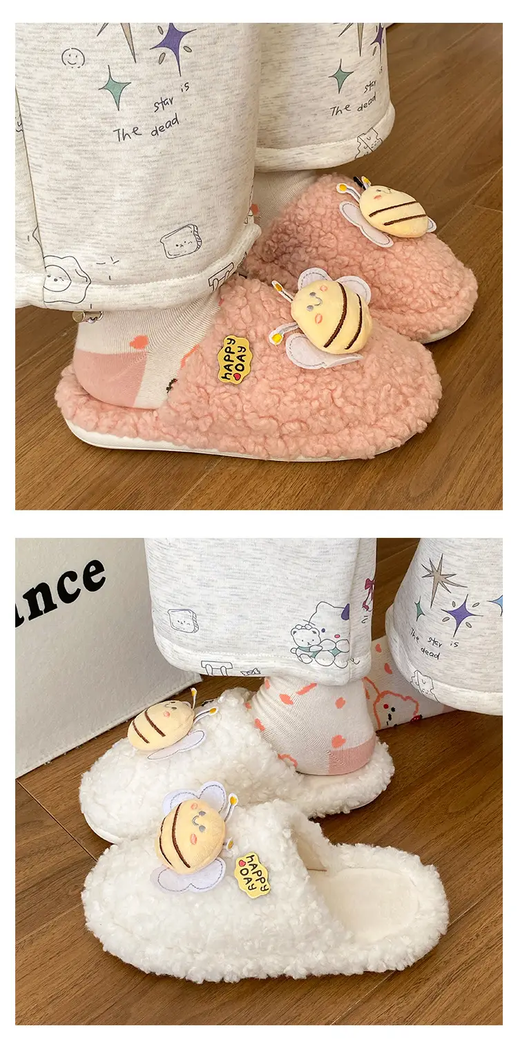 Winter Women's Furry Bee Slippers Soft Cotton Warm — feature 15