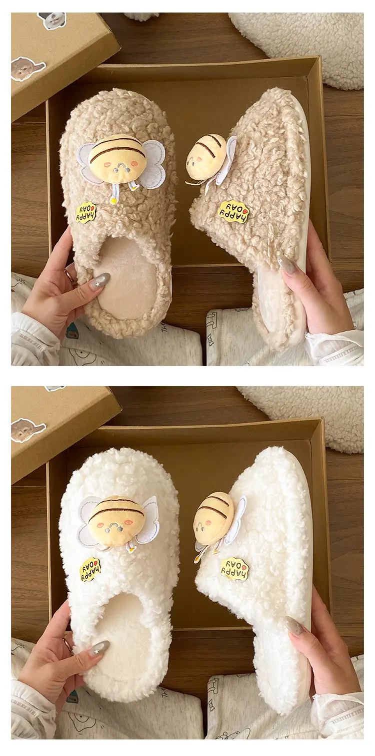 Winter Women's Furry Bee Slippers Soft Cotton Warm — feature 16
