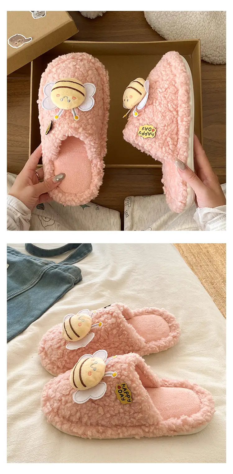 Winter Women's Furry Bee Slippers Soft Cotton Warm — feature 17