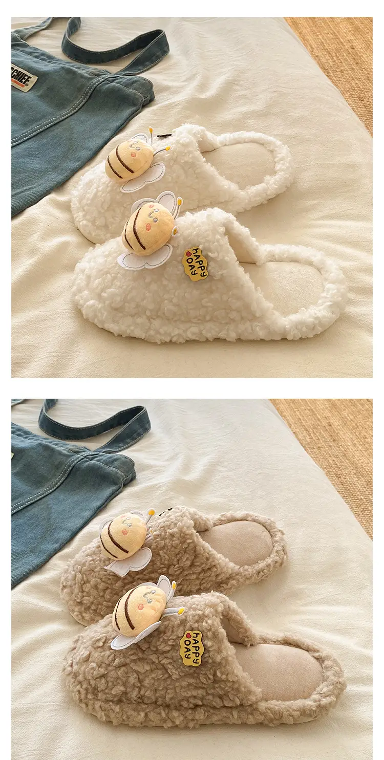 Winter Women's Furry Bee Slippers Soft Cotton Warm — feature 18
