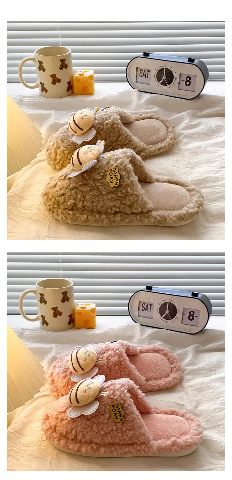 Winter Women's Furry Bee Slippers Soft Cotton Warm — feature 19