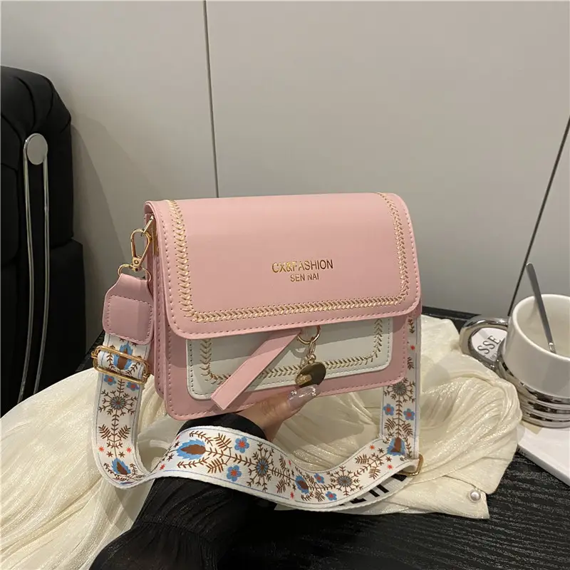 Women's Black Contrasting Square Shoulder Bag with Embroidered Strap - Image 7