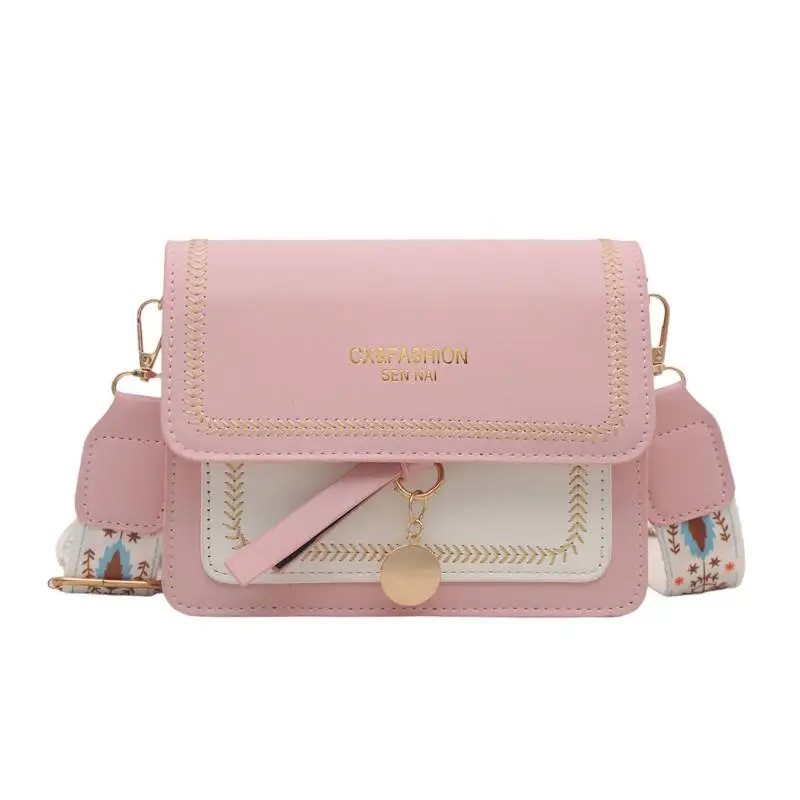 Women's Black Contrasting Square Shoulder Bag with Embroidered Strap - Image 9