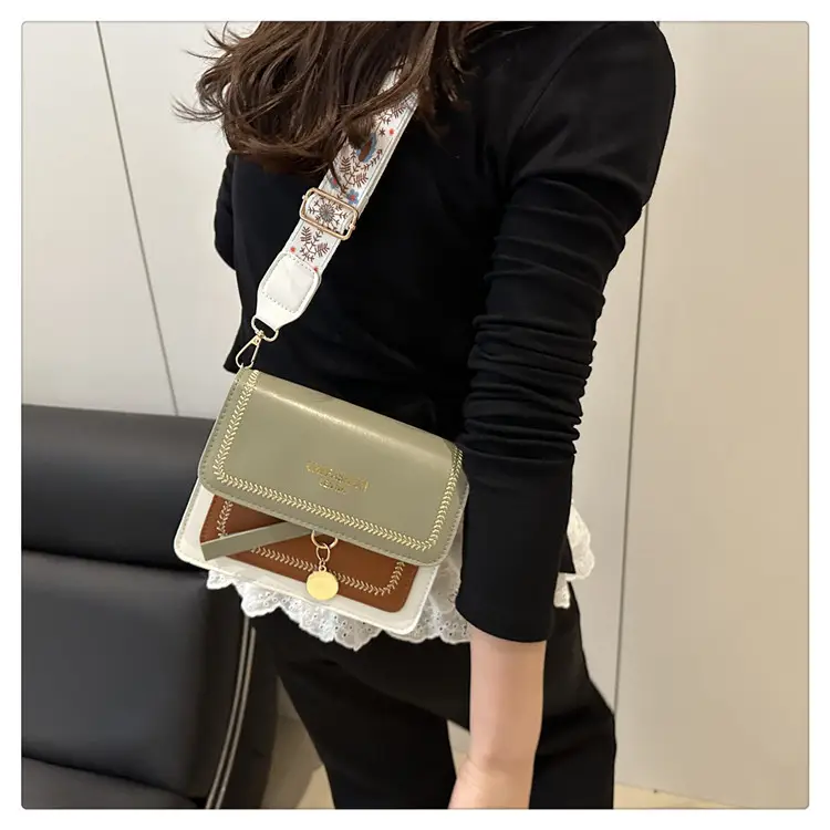 Women's Black Contrasting Square Shoulder Bag with Embroidered Strap — feature 15