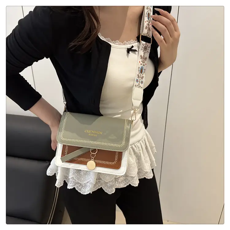 Women's Black Contrasting Square Shoulder Bag with Embroidered Strap — feature 16