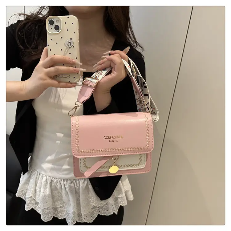 Women's Black Contrasting Square Shoulder Bag with Embroidered Strap — feature 17